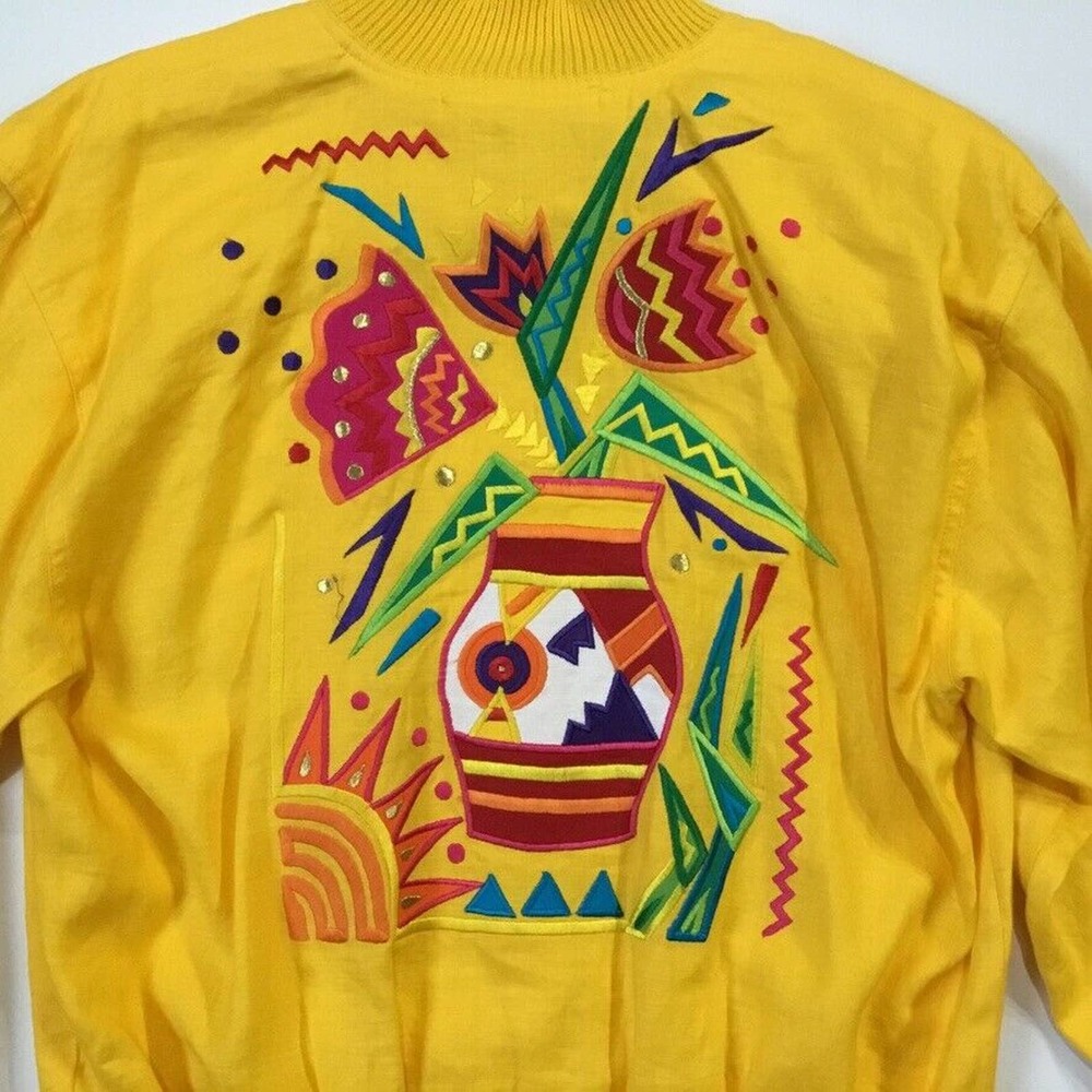 Vintage Floral Embroidered Jacket L Yellow Art to Wear Southwestern Flower - Picture 4 of 10